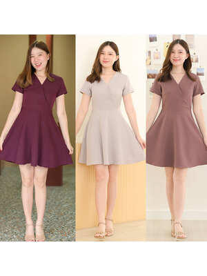 kudapy เดรสสั้นสีม่วงอมน้ำตาล/สีเทาอ่อน/สีแดงเข้ม คอแหลม ตัดต่อป้ายหน้ากิโมโน กระโปรงทรงวงกลม มีซับในกระโปรง