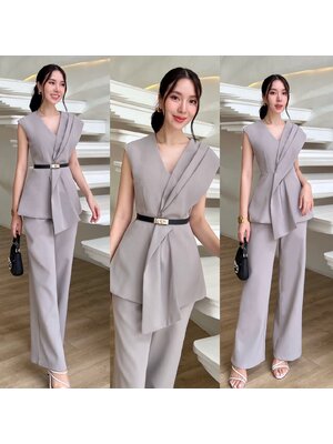 kudapy ชุดเซ็ทเสื้อแขนกุด+กางเกงขายาว ตัวเสื้อออกแบบเย็บจับจีบยาวด้านหน้า ซิปด้านหลัง มีซับในอย่างดี