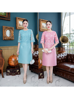 kudapy เดรสสั้นสีชมพู/สีฟ้า ผ้าไหม ผ้าตาข่ายปักลายดอกไม้ งานดี สวยมีซับในทั้งชุด