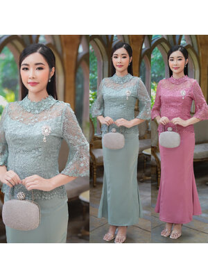 kudapy ชุดลูกไม้ใยบวบสีเขียวมิ้นท์/สีชมพู คอปีนแต่งด้วยลูกไม้ลายดอกที่เข้ากับลายตัวเสื้อ ทรงแขนกระดิ่ง