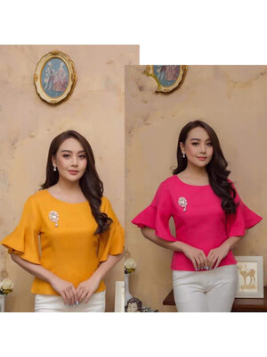 kudapy เสื้อผ้าลินินสีบานเย็นม/สีเหลือง แขนระบาย ปิดแขนได้ดี (เฉพาะเสื้อ)