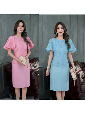 kudapy เดรสสั้นสีชมพู/สีฟ้า ลูกไม้ผ้าไหมญี่ปุ่น เป็นงานแขนระบายปีกผีเสื้อพองระบายดูหรู กระโปรงผ้าไหมญี่ปุ่น รุ่นนี้ออกงานมงคล