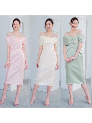 kudapy เดรสสายเดี่ยวเปิดบ่า แต่งจีบโบว์ข้าง กระโปรงสอบ ทรงดินสอ ผ่าหลังเดินสะดวก พรางแขน