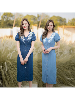 kudapy เดรสยีนส์ยาวสีกรม/สีฟ้า คอปกแต่งลูกไม้ กระดุมหน้า ใส่สบายสวยดูดี