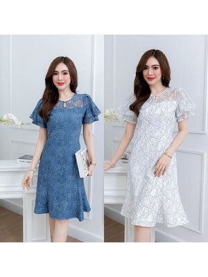 kudapy เดรสสั้นสีขาว/สีคราม ลูกไม้แขนบอลลูนสองชั้น ทรงสวย ช่วงคอมีดีเทลกระดุมหยดน้ำน่ารัก งานเย็บสวย