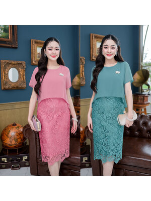 kudapy เดรสสั้นสีเขียว(มิ้น)/สีชมพูกลีบบัว ลูกไม้เรียบแต่หรู กระโปรงใช้ผ้าลูกไม้ปาด้าคอตตอนเกรดสวยทอลาย เป็นทรงตรงสอบได้ลุคหรูหรา