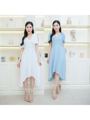 kudapy เดรสหน้าสั้นหลังยาวแต่งโบว์ไหล่สีฟ้า/สีขาว งานสวยมีซับในซิปหลัง