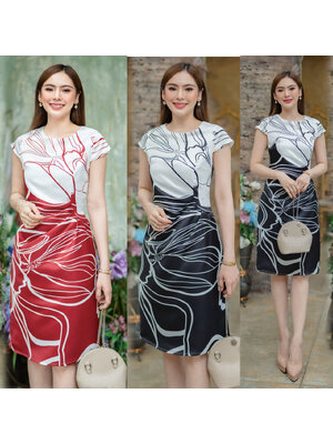 kudapy เดรสสั้นสีแดง/สีดำ เนื้อบาง ตีเกรดตรงเอว งานมีซับในและชิกช่อนหลังใส่สบาย