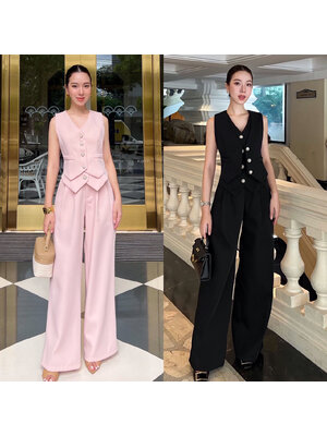 kudapy เซ็ทเสื้อแขนกุดทรง vest เย็บดับเบิ้ล 2 ชั้น กางเกงขายาวทรงปล่อย ตัวเสื้อแต่งกระดุมจริงปลายทรงแหลม