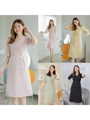 kudapy เดรสสั้นสีชมพูอ่อน,สีเหลือง,สีเขียว,สีดำ,สีชมพูนู้ด,สีแดงไวน์ ผ้านาโนเนื้อดี คอวีแขนตุ๊กตา