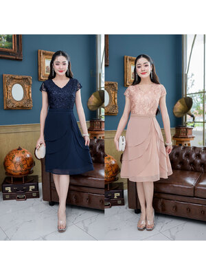 kudapy เดรสสั้นสีโรสโกลด์/สีกรม กระโปรงเลเยอร์สามชั้น กระโปรงผ้าชีฟอง เอวตกแต่งอะไหล่ลูกไม้เป็นเข็มขัดดีเทลสวย