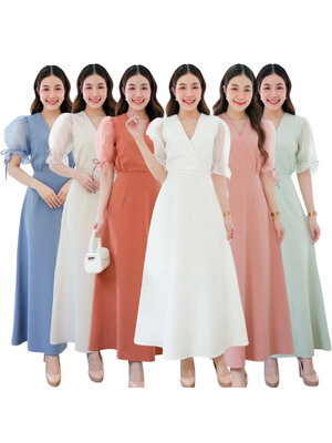 kudapy เดรสยาวไปงานสีชมพูเข้ม,สีเขียวอ่อน,สีครีม,สีส้มชาไทย,สีขาว,สีฟ้าคราม คอวีสอบ แขนตุ๊กตา แต่งผ้า organza แขนใส่ยางยืด จีบระบายคิ้วท์ๆ เข้ารูปช่วงเอว กระโปรงบานพริ้ว