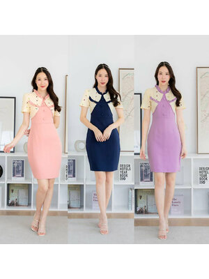 kudapy เดรสสั้นสีชมพู/สีกรม/สีม่วง ทรงเอแต่งคอระบาย แต่งกระดุมหน้า ใส่สวยน่ารัก