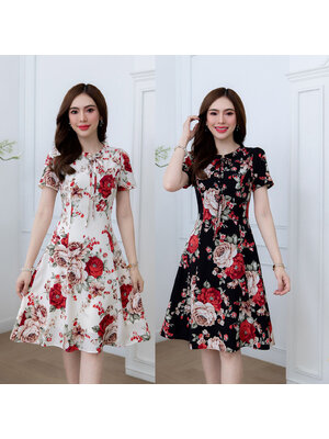 kudapy เดรสสั้นสีดำ/สีครีม ลายดอก ดีเทลจับจีบรอบคอ ผูกโบว์สวยเก๋ เนื้อผ้าใส่สบายทึบแสงไม่ใช่ชีฟอง