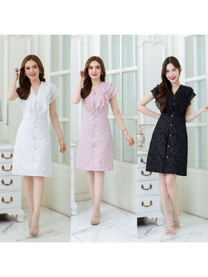 kudapy เดรสผ้าแจ็คกาด แต่งระบายสามชั้น ดีเทลแต่งกระดุมหัวใจน่ารัก เป็นซิปหลัง มีซับใน ใส่เที่ยว ทำงาน ออกงานสวยดูดี