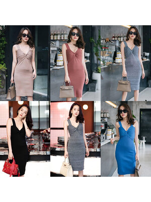 kudapy เดรสสั้นสีดำ/น้ำตาลเข้ม/เทา/น้ำตาลอ่อน/แดง/น้ำเงิน ไหมพรมมัดอก เนื้อผ้าดีใส่สบาย ยืดหยุ่นเข้ารูป