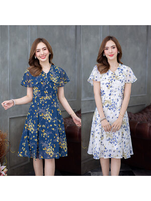 kudapy เดรสสั้นสีขาว/สีกรม ผ้าชีฟองลายดอกสวยสดใส เป็นแขนระบาย กระโปรงจับจีบ ช่วงอกมีดีเทลแต่งกระดุม สวยพริ้ว