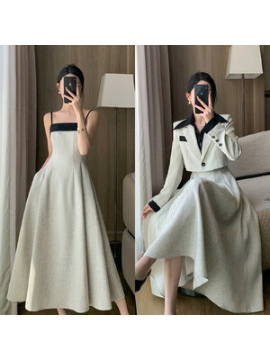 kudapy เซ็ทเดรสยาว มาพร้อมกับเสื้อคลุมลุคทูโทน สวยหรูลุคคุณหนู(แถมฟรีเข็มกลัดดอกไม้)