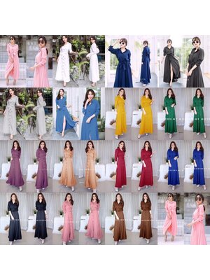 kudapy Maxi Dress แม็กซี่เดรสเชิ้ตแขนยาว สีพื้น งานเชิ้ตแต่งคอปกกระดุมช่วงหน้ายาวข้างเอวเย็บติดสายผูกเอว