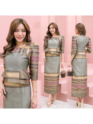 kudapy ชุดเซทไทยประยุกต์สีเขียว งดงามอย่างไทยแบบฉบับ แต่งจีบเอวสวยดูดี