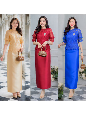 kudapy Set งาน2ชิ้น เสื้อ+กระโปรง เสื้อลูกไม้ทอปักเลื่อม ลูกไม้ใยบวบย้อมสีแบบพิเศษ คอกลม แขนเป็นบอลลูน