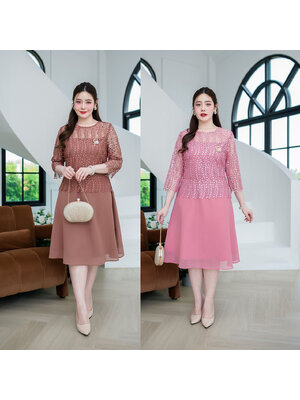kudapy เดรสสั้นสีน้ำตาล/สีชมพู ลูกไม้เนื้อเงาถักทอลายเถาวัลย์ เดรสแขนห้าส่วน กระโปรงผ้าชีฟองพริ้วสวย มีซับในทั้งชุด
