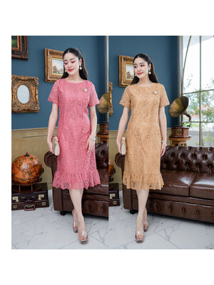 kudapy เดรสสั้นสีชมพู/สีเหลืองทอง ผ้าลูกไม้ทั้งชุด ผ้าสวยเกรดพรีเมี่ยม เป็นผ้าลูกไม้ลายกุหลาบแซมเลื่อมทั้งตัว