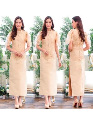 kudapy ชุดเซตออกงานสีเหลืองทอง คอปีน แขนพอง เอวทรงปล่อย แมทกับกระโปรงผ้าไหมจีบข้าง ซิบหลังอย่างดี