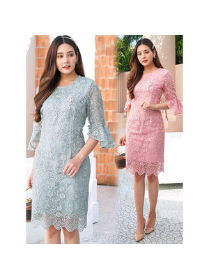 kudapy เดรสสั้นออกงานสีเขียว/สีชมพู ผ้าลูกไม้ใยบวบเกรดพรีเมี่ยมปักเลื่อม แขนสามส่วน