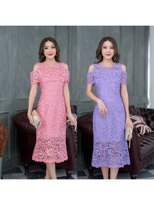 kudapy เดรสสั้นสีชมพู/สีม่วง ลูกไม้เงาทอลายสวยคัดเกรดผ้าเนื้อดีที่สุด แต่งระบายรอบอก ชายกระโปรงแต่งหางปลาระบาย