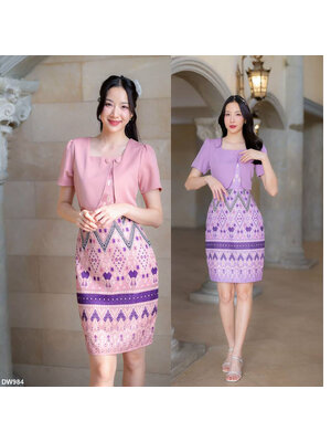 kudapy เดรสสั้นสีชมพู/สีม่วง ผ้าทอกั๊กพื้นกระโปรงลายไทย