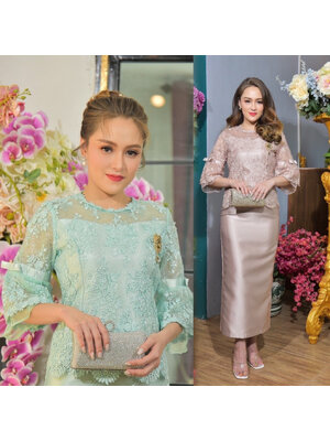 kudapy ชุดเซ็ท สีเขียวมิ้นท์,สีชมพูโรสโกลด์ ผ้าไหมญี่ปุ่น ผ้าหนาเงา เสื้อลูกไม้ใยบวบ เอวระบายคอกลม