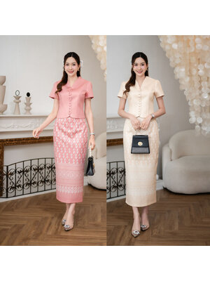 kudapy ชุดเซ็ทเสื้อคอวี แต่งกระดุมใช้งานได้จริง ตัวกระโปรงผ่าหลังเล็กน้อย พิมพ์ลายขอ 🎗มีซับในและซิปซ่อนหลัง