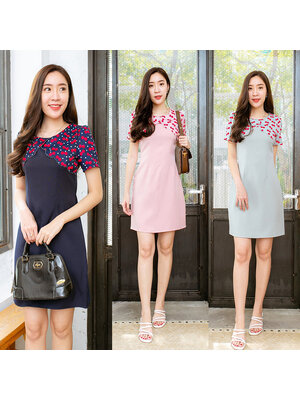 kudapy เดรสสั้นไหล่แต่งลายดอกสีเขียว/สีชมพู/สีกรม คอกลมลายเชอรี่ใสดูดีน่ารักมากๆ