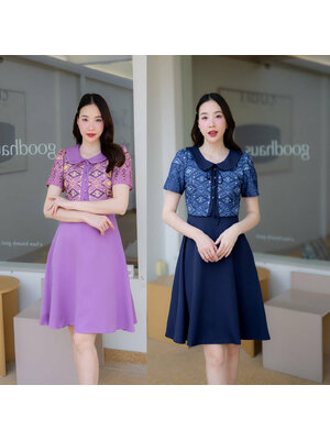kudapy เดรสสั้นสีกรม/สีม่วง แต่งเสื้อลายไทยคอบัวผูกโบว์