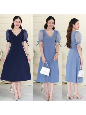 kudapy เดรสสั้นสีฟ้าอมเทา/สีกรมท่า ไปงานคอวี แขนตุ๊กตาผ้าแก้ว แต่งโบว์แขนเล็ เอวสูง ชายปล่อบทรง สำเนา