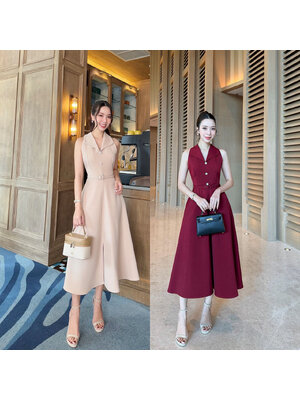 kudapy เดรสแขนกุดแต่งกระดุมดอกไม้มาพร้อมเข็มขัดน่ารัก