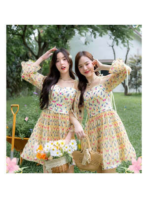 kudapy เดรสสั้นสีเหลือง กระโปรงสั้นเปิดไหล่ ลายดอกสวยน่ารัก