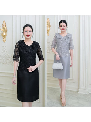 kudapy เดรสสั้นสีดำ/สีเทา ผ้าไหมส ดีไซน์ด้านบนเป็นผ้าลูกไม้ใยบวบลายสวย ช่วงคอเสื้อเป็นคอวีแต่งระบายรอบคอ