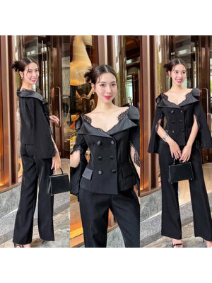 kudapy Setsuit สุดเท่ห์เสื้อสูทเปิดไหล่แต่งลูกไม้สีดำ เพิ่มความเกร๋ที่ปลายแขนเสื้อผ่าแขนลูกคัตติ้งเป้ะ กระเป๋าจริง