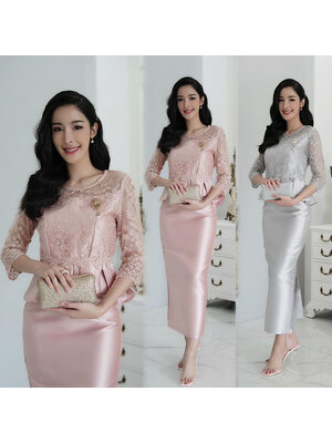 kudapy ชุดเซ็ทสีเทาเงิน/สีโรส์ดโกล ผ้าไหมญี่ปุ่น ผ้าหนาเงา เสื้อลูกไม้ใยบวบ เอวระบายคอกลม