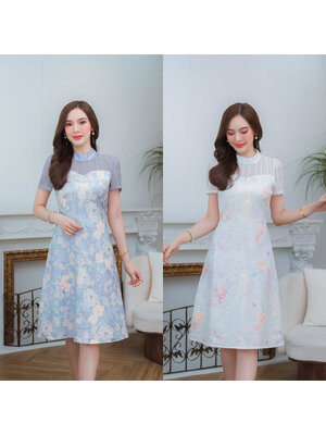 kudapy เดรสสั้นสีขาว/สีม่วง ผ้าทอเนื้อนุ่มพิมพ์ลาย เนื้อผ้าสวย มีเทคเจอร์ ใส่สบายสัมผัสนุ่ม