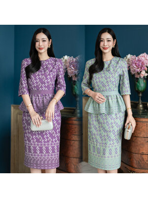 kudapy Set 2 ชิ้น ผ้าโพลีเอสเตอร์แบบทอ งานพิมพ์ลาย ตัวเสื้อคอกลม จับจีบช่วงเอวช่วยอำพรางหุ่น วกระโปรงผ่าหลังเล็กน้อย