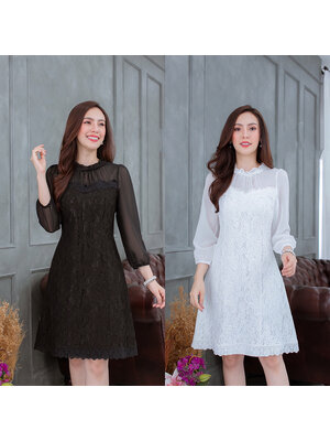 kudapy เดรสสั้นสีดำ/สีขาวลูกไม้ ช่วงคอมีดีเทลจับจีบแต่งลูกไม้ แขนชีฟองใส่สบาย แต่งลูกไม้ช่วงอกและชายกระโปรงสวย