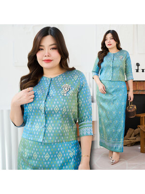 kudapy เซ็ตเสื้อผ้าไหมสีเขียวน้ำทะเล ชุดไทยเรือนต้น คอกลม แขนสามส่วน ลายจันทร์วาด