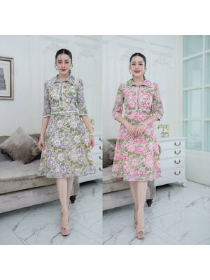 kudapy เดรสสั้นสีโทนม่วง/สีโทนม่วง เชิ้ตทรงสวยเท่คอปก ผ้าชีฟองลายดอกไม้ ช่วงปกเสื้อ กระดุมด้าหน้า ขอบเอว ปลายแขนแต่งลูกไม้