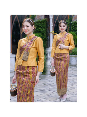 kudapy ชุดเซ็ทเสื้อผ้าไหมแพรทิพย์เกรดพรีเมี่ยมอัดกาวอย่างดี ผ้าถุงเย็บสำเร็จทอลายอัดกาว ตะขอซิปหลัง