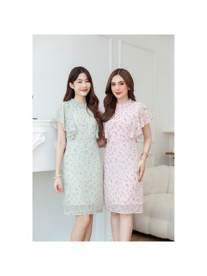kudapy เดรสสั้นสีชมพูพาสเทล/สีเขียวพาสเทล ชีฟองสวยหวานโทนสีพาสเทล แพทเทิร์นสวยดูแพง เป็นดีเทลแขนปีก ระบายสวย