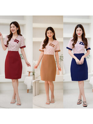 kudapy เดรสสั้นสีแดง/สีกรม/สีน้ำตาล ลายดอกคอวีแต่งโบว์