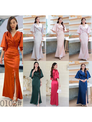 kudapy เดรสยาวออกงาน แขนระฆังทรงพรางเเขน Maxiคอวีเเขนระฆัง ทรงกระโปรงสอบผ่าหน้า เนื่อชาตินนุ่มลื่น